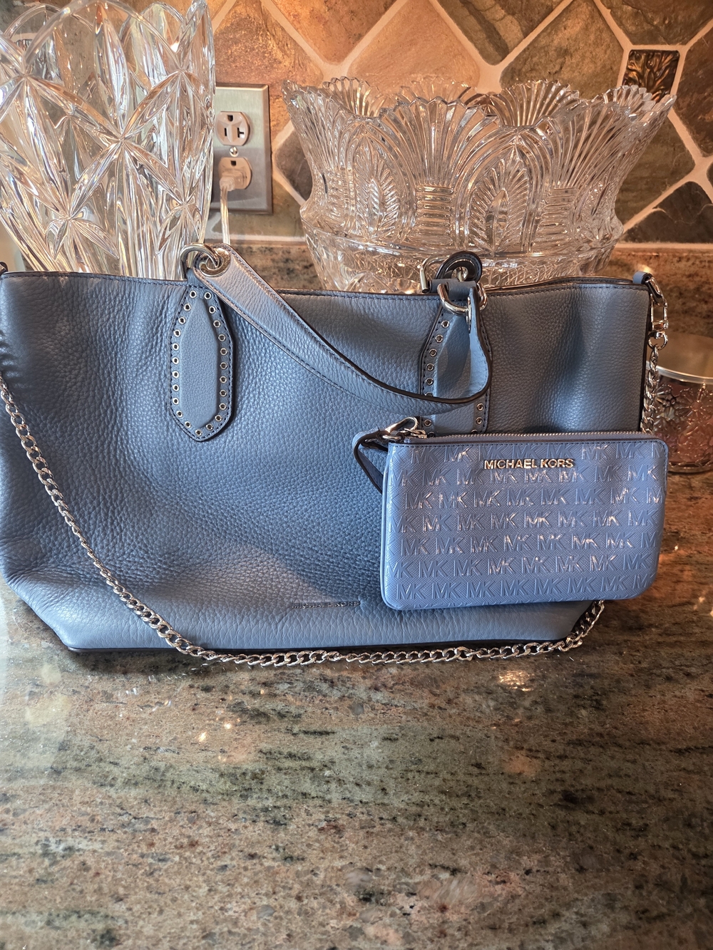 Michael Kors Blue Leather Bag with Chain Strap And Wristlet